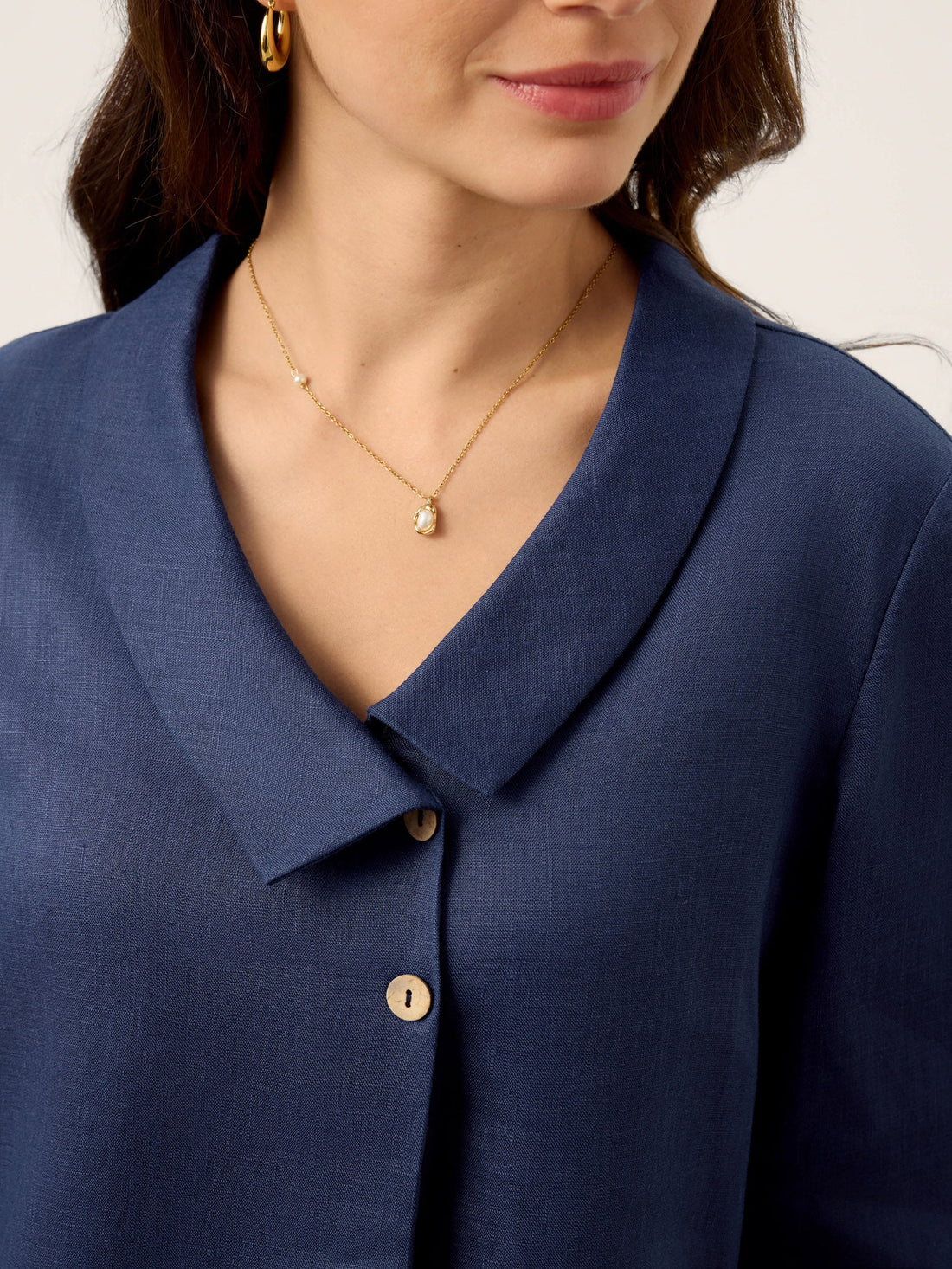 Linen Asymmetric-Collar Tunic Top with Button Detail
