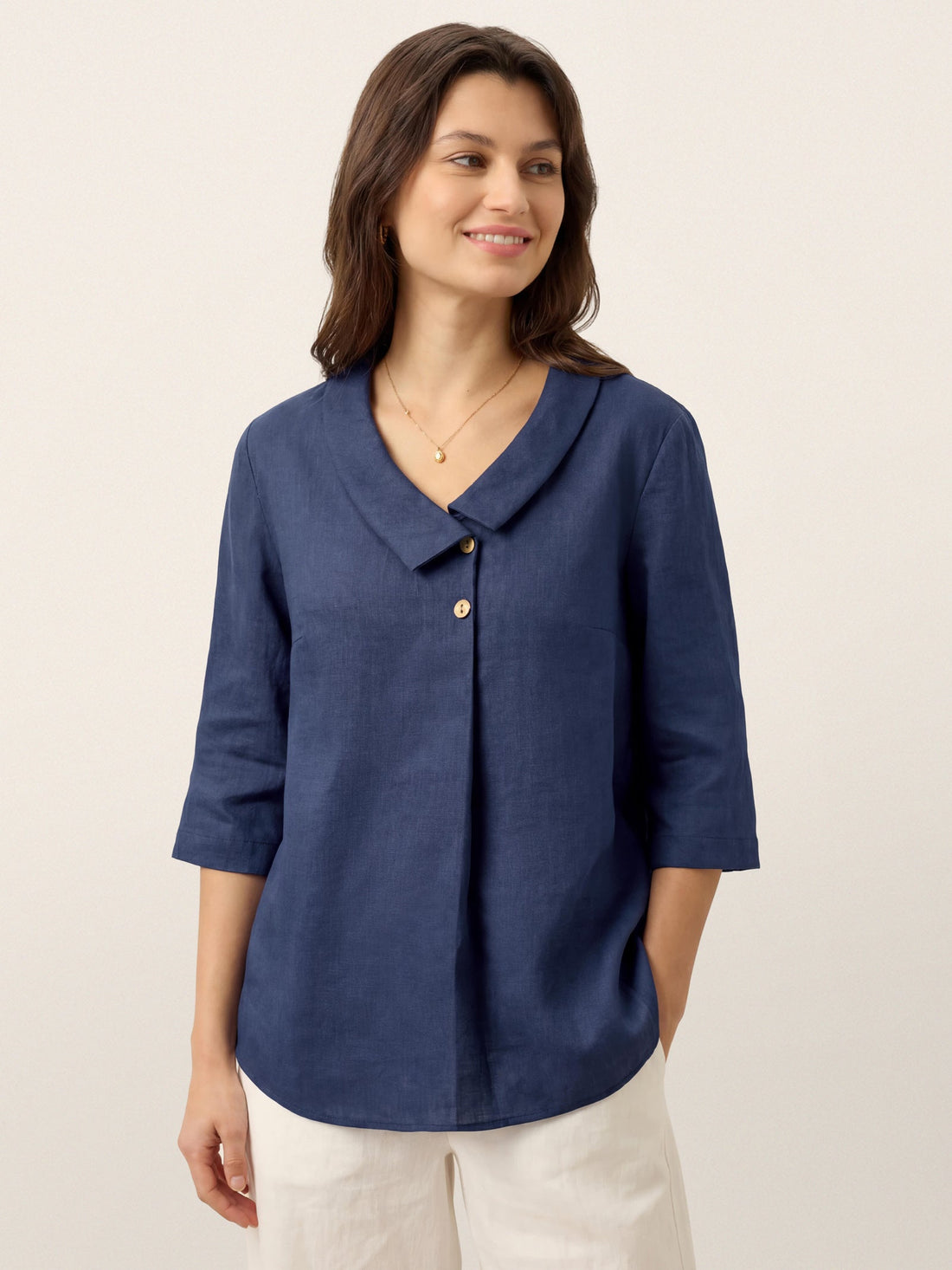 Linen Asymmetric-Collar Tunic Top with Button Detail