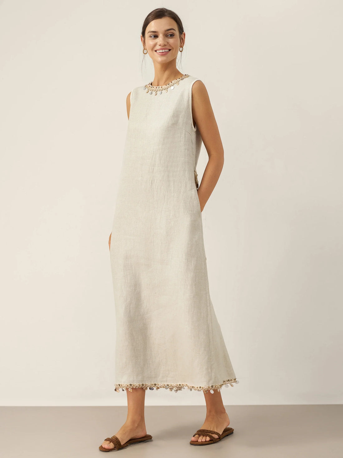 100% Linen Sleeveless Tailored Maxi Dress