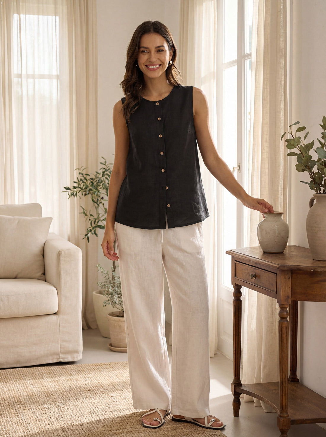 100% Linen A-Line Round Neck Tank Top