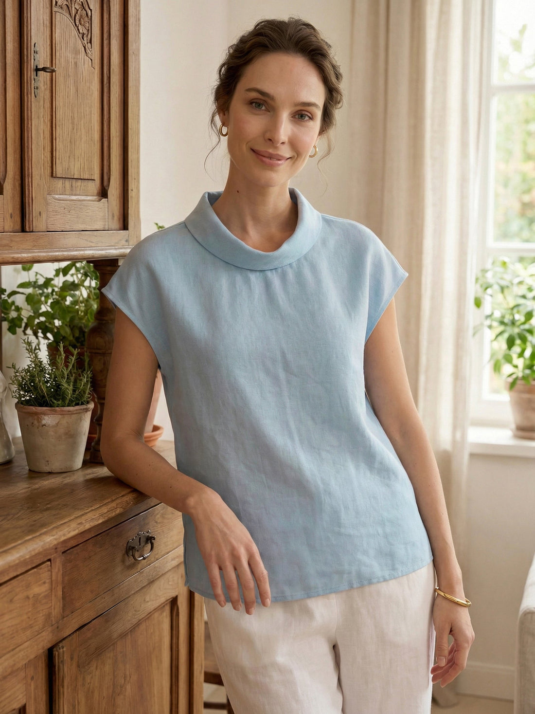 100% Linen Cap Sleeve Blouse