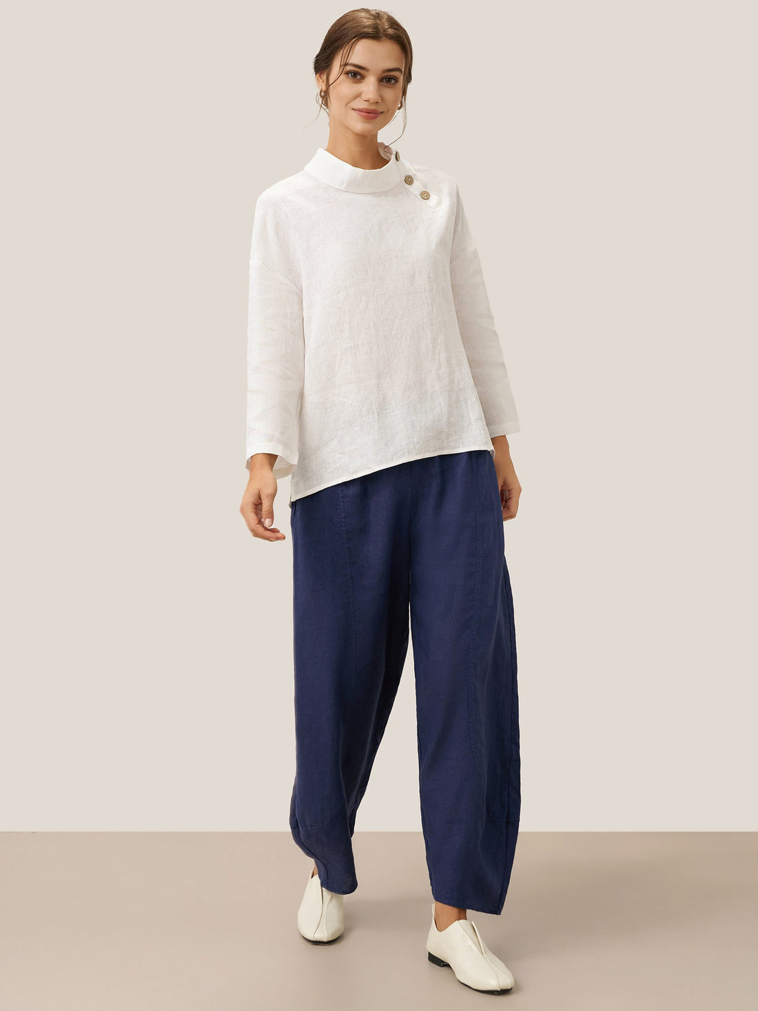 100% Linen Wide-Leg Elastic Waist Pants