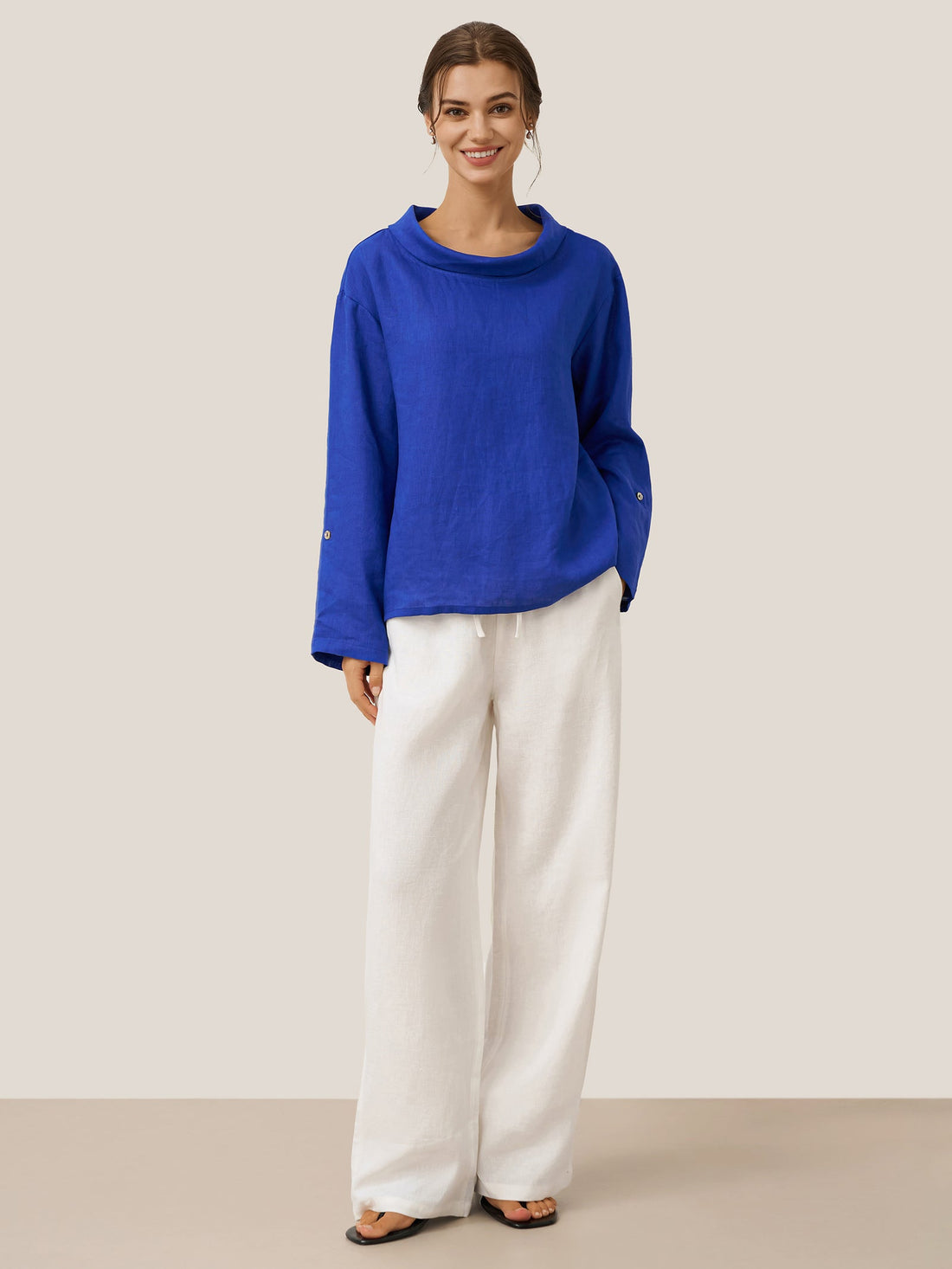 100% Linen Full-Elastic Waist Straight-Leg Pants