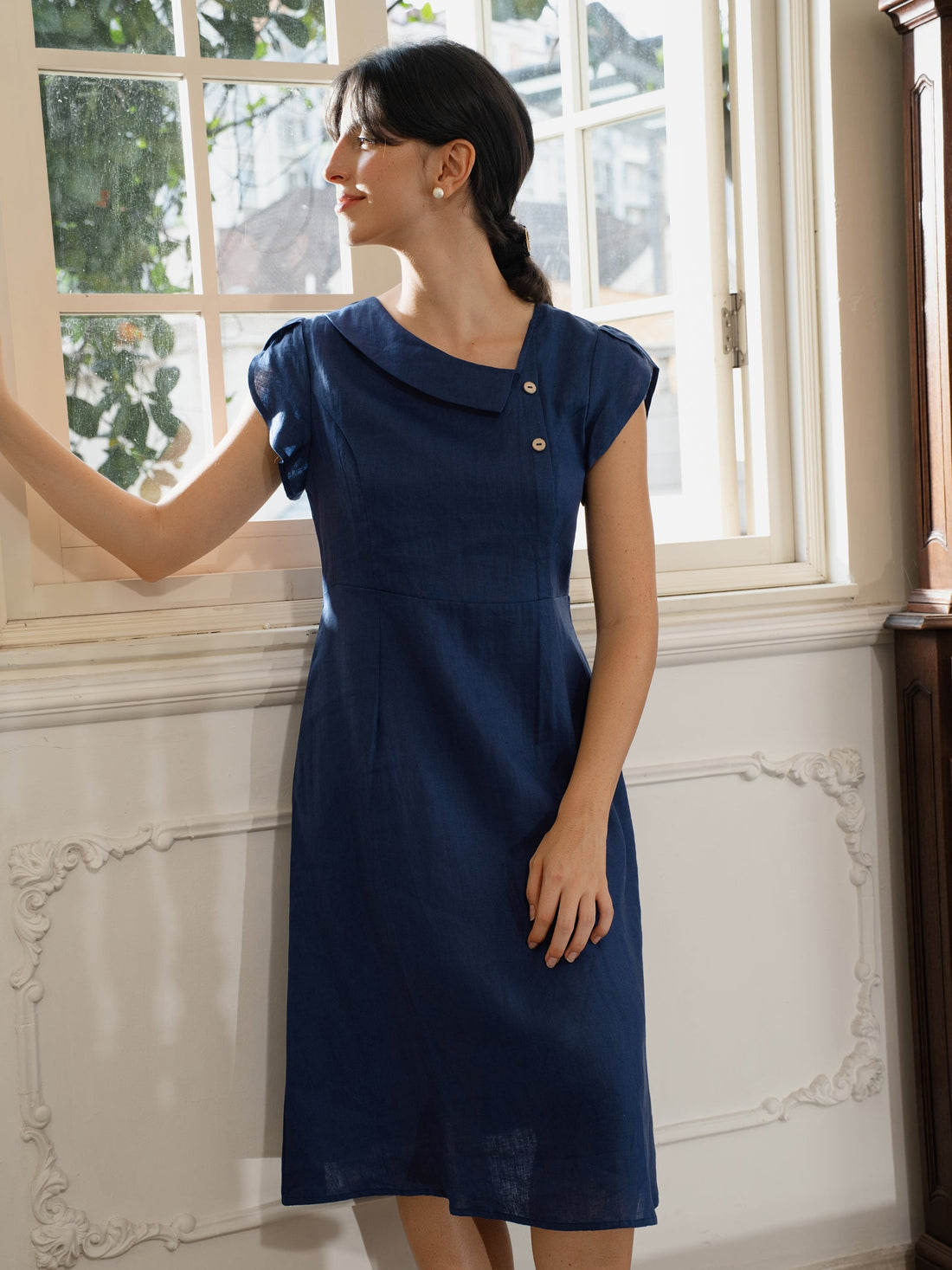 100% Linen Tailored Cap Sleeve Midi Dress