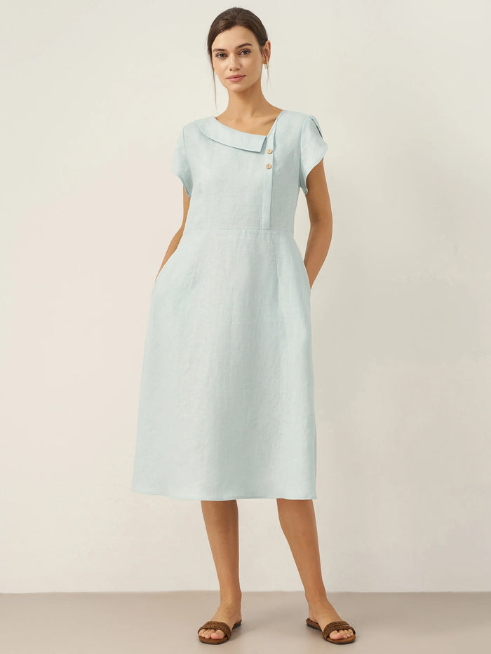 100% Linen Tailored Cap Sleeve Midi Dress