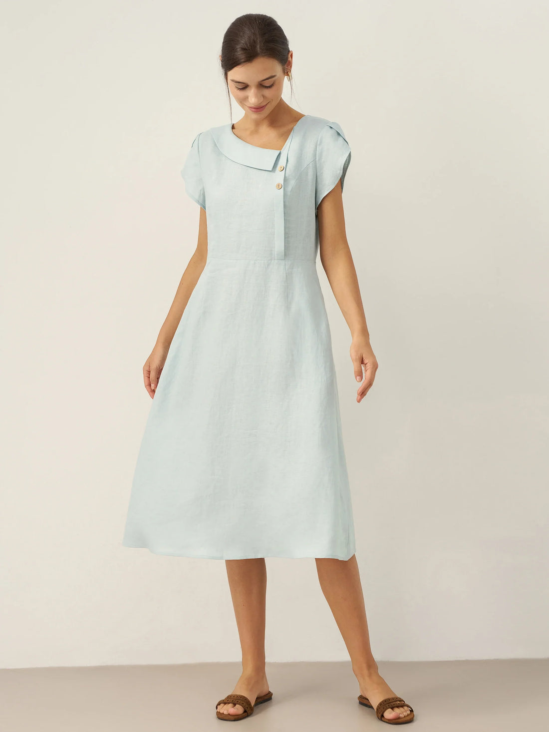 100% Linen Tailored Cap Sleeve Midi Dress