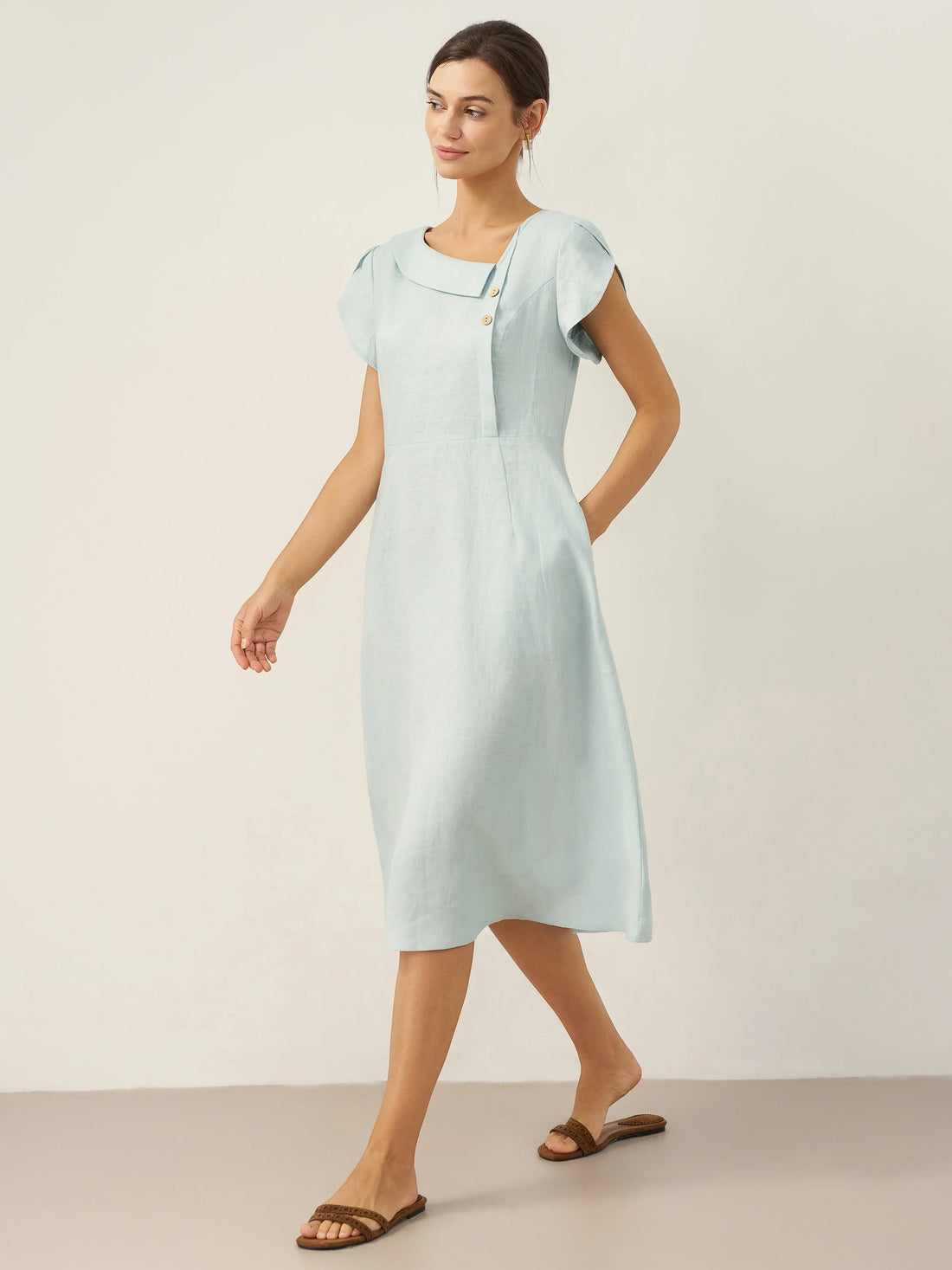 100% Linen Tailored Cap Sleeve Midi Dress