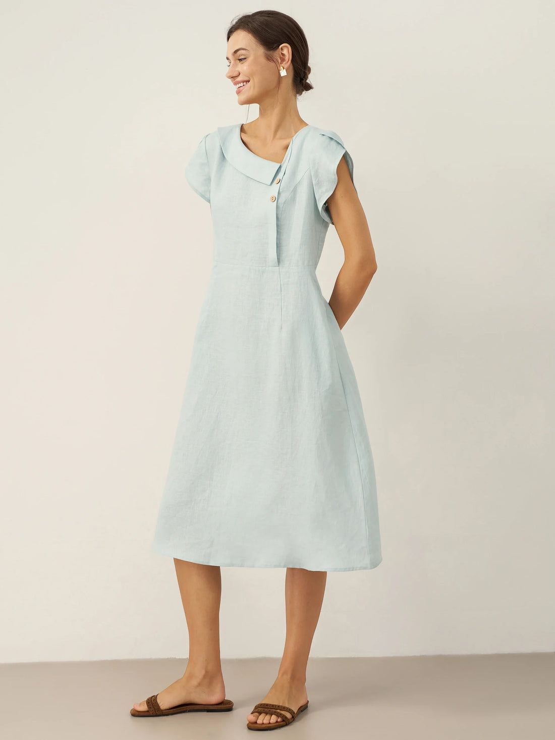 100% Linen Tailored Cap Sleeve Midi Dress