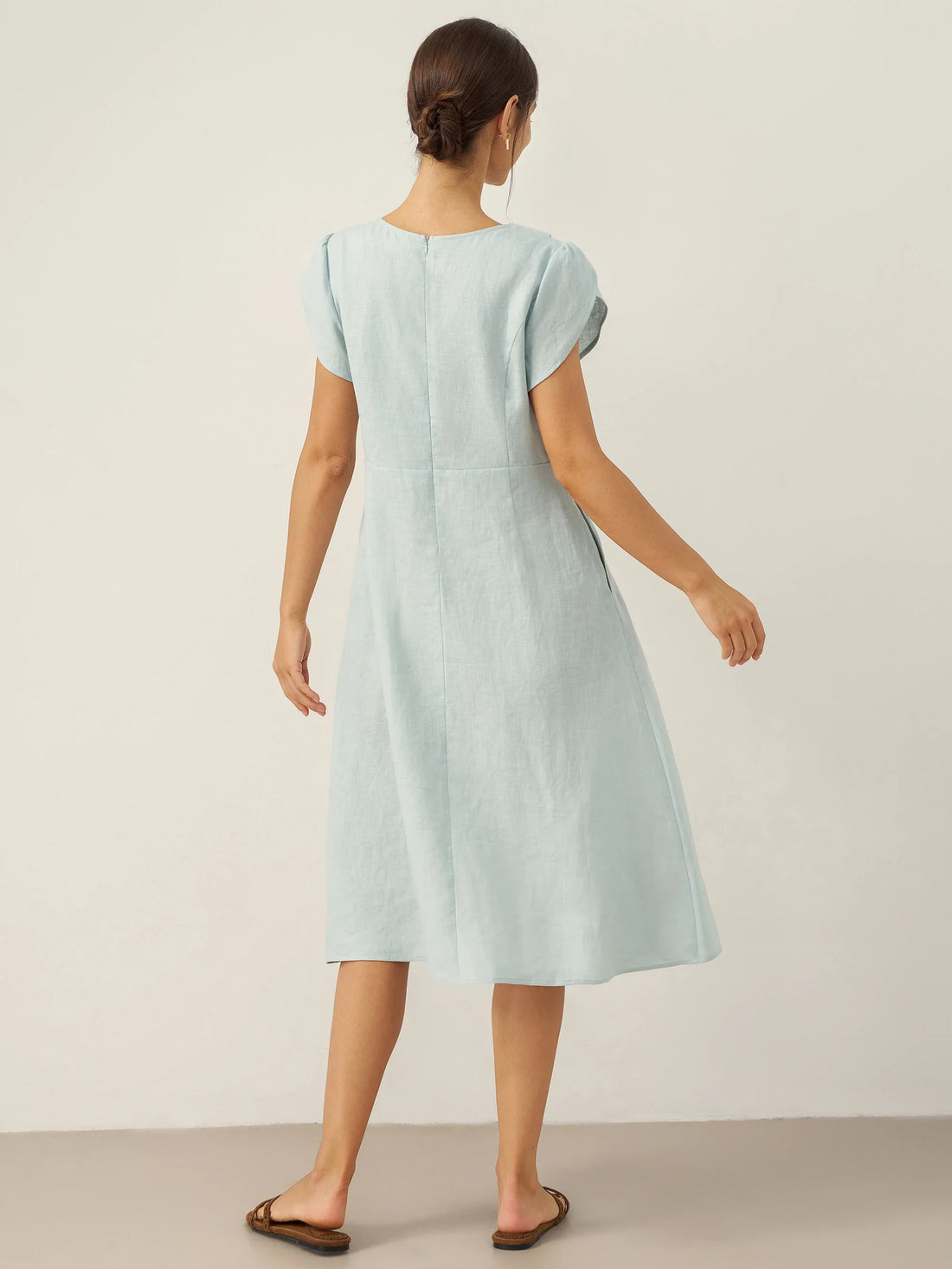100% Linen Tailored Cap Sleeve Midi Dress