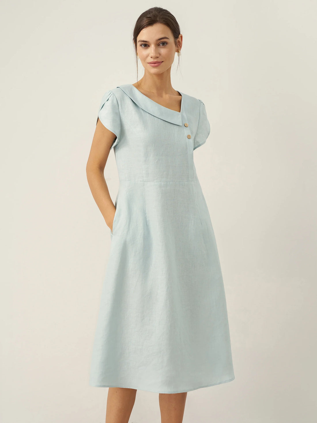 100% Linen Tailored Cap Sleeve Midi Dress