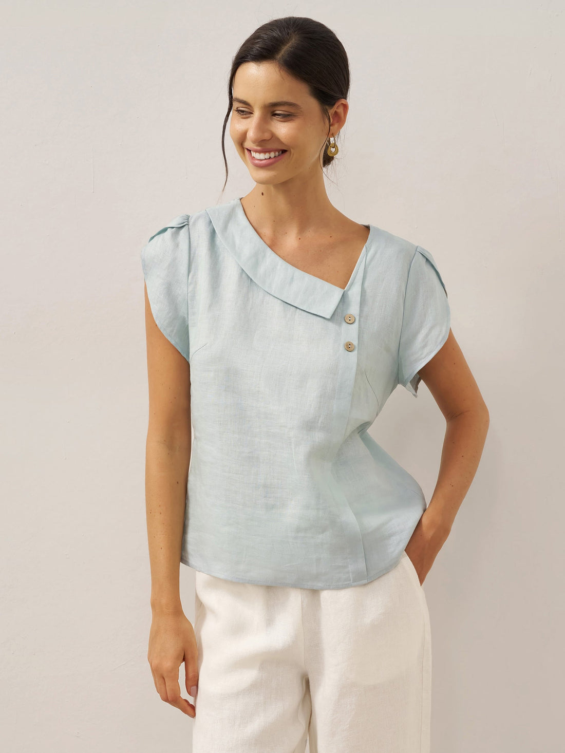 100% Linen Cap Sleeve Asymmetric Top