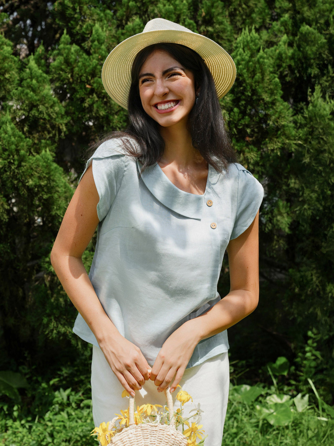 100% Linen Cap Sleeve Asymmetric Top