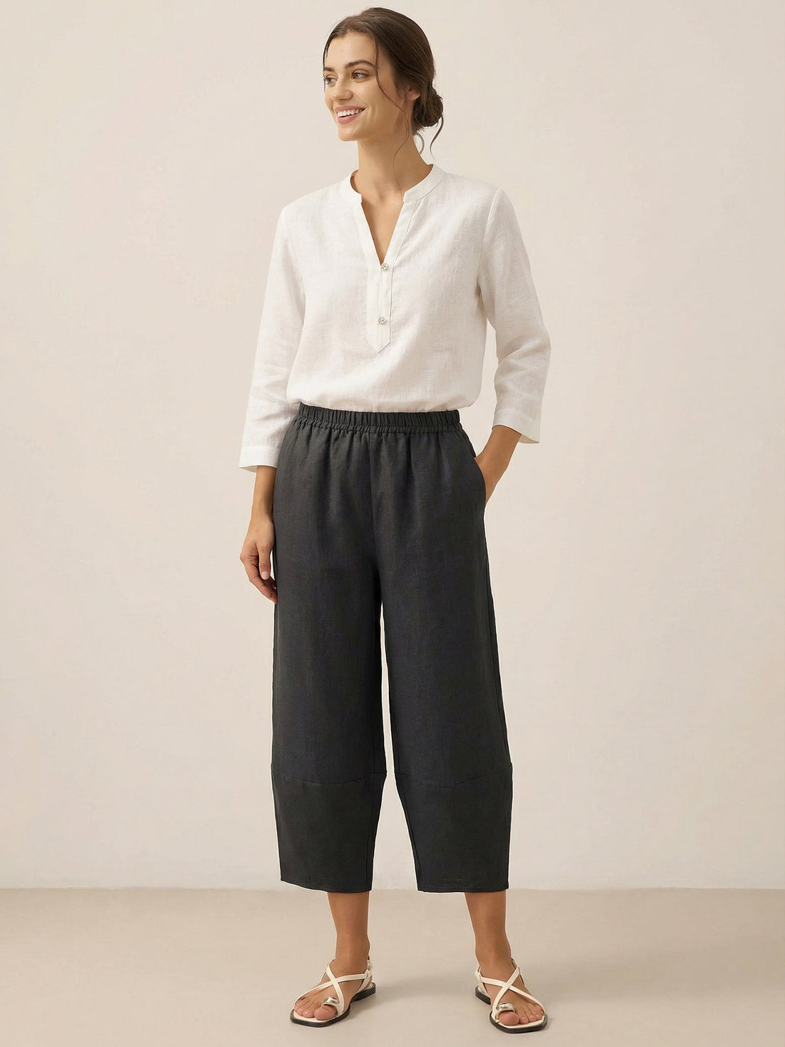 100% Linen Garment-Dyed Crop Barrel Pants