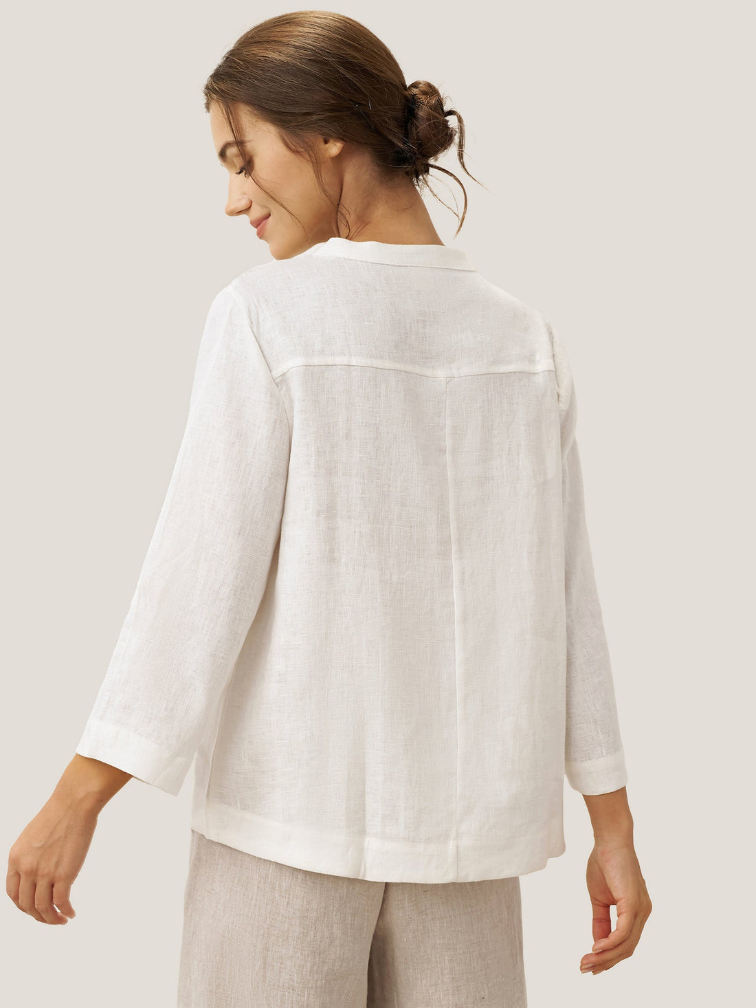 100% Linen Deep V-Neck Blouse With Button Trim