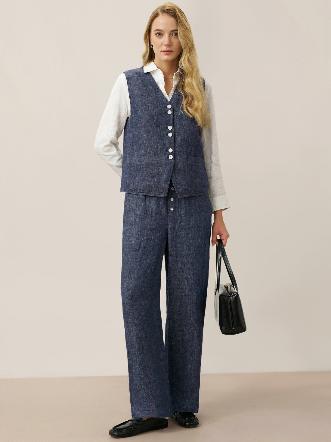 100% Linen Denim-Texture Elastic-Waist Straight-Leg Pants