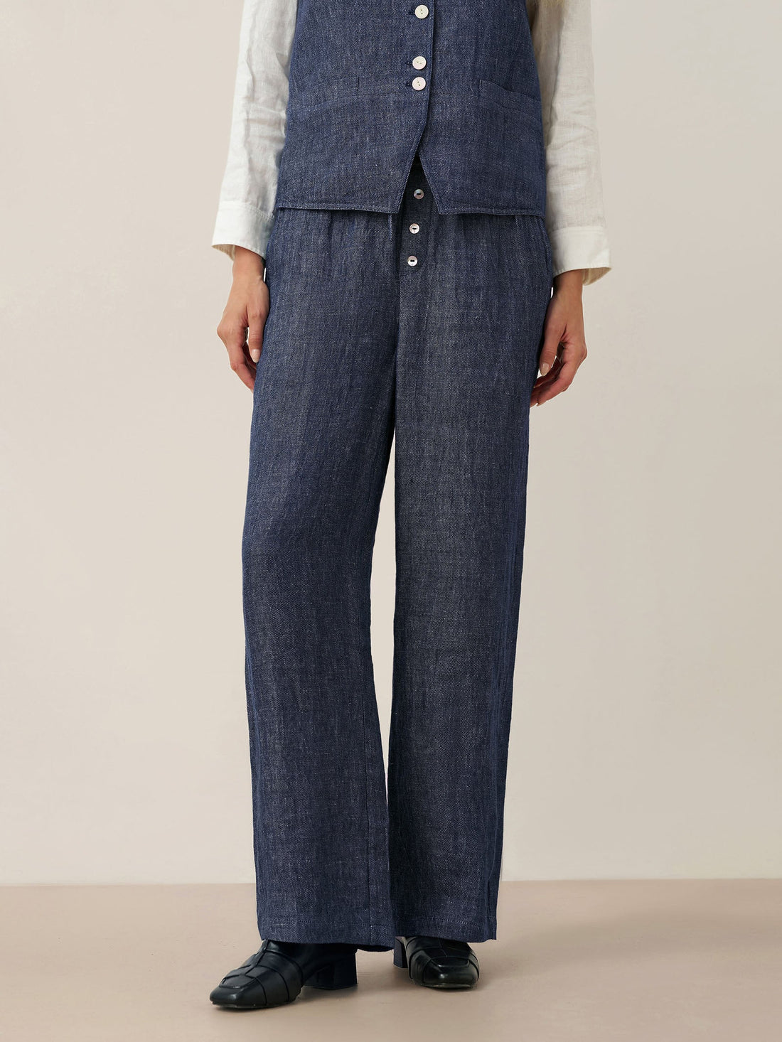 100% Linen Denim-Texture Elastic-Waist Straight-Leg Pants