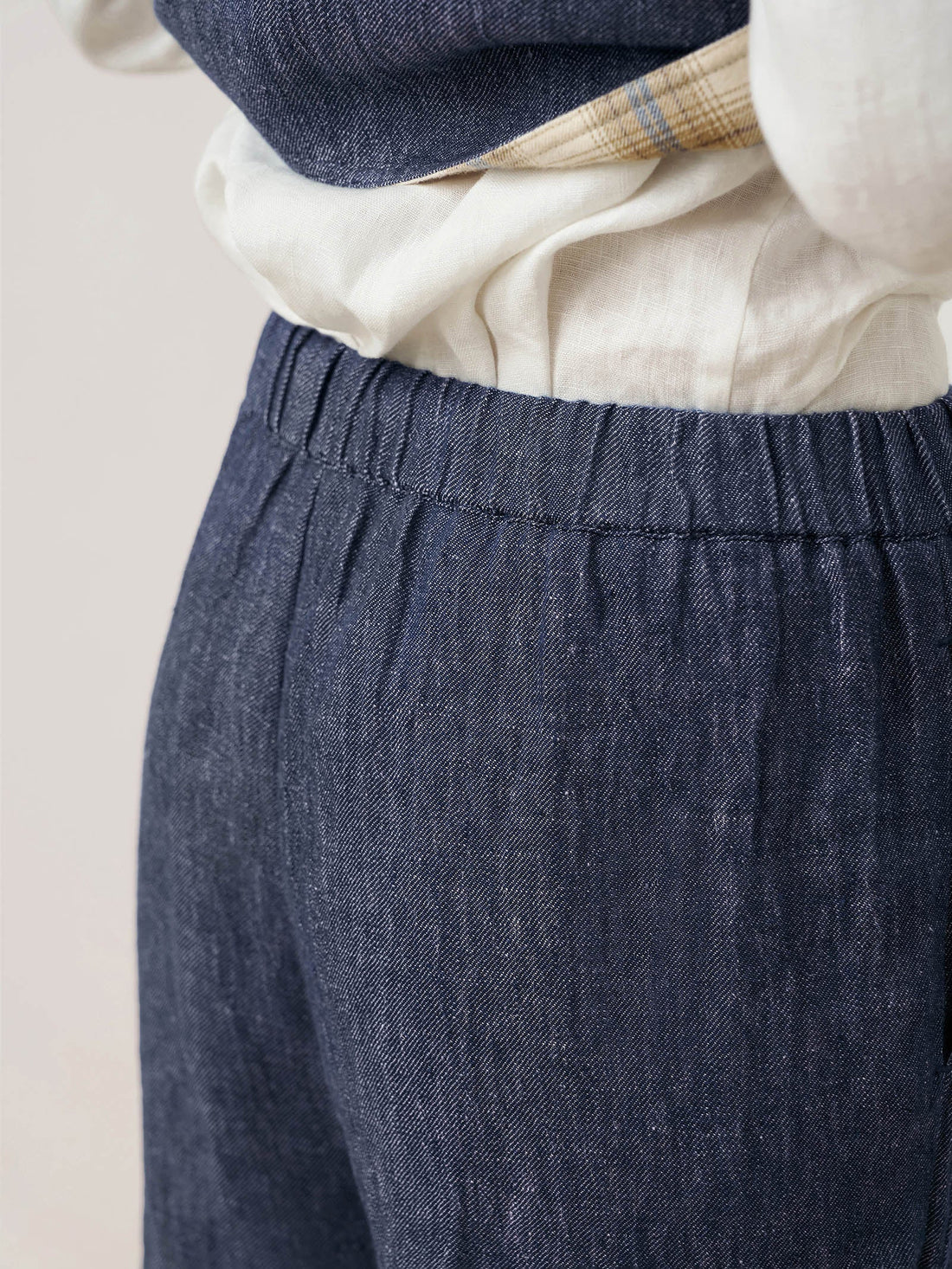100% Linen Denim-Texture Elastic-Waist Straight-Leg Pants