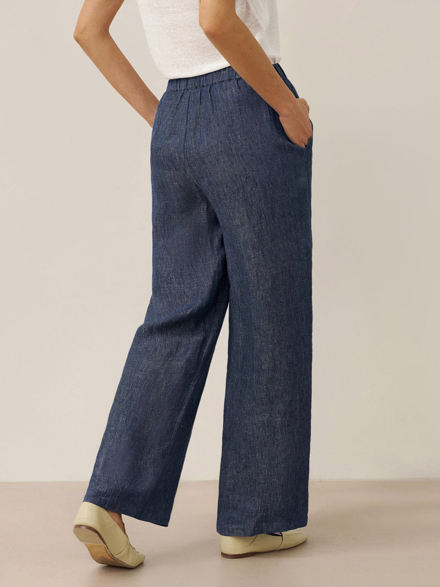 100% Linen Denim-Texture Elastic-Waist Straight-Leg Pants