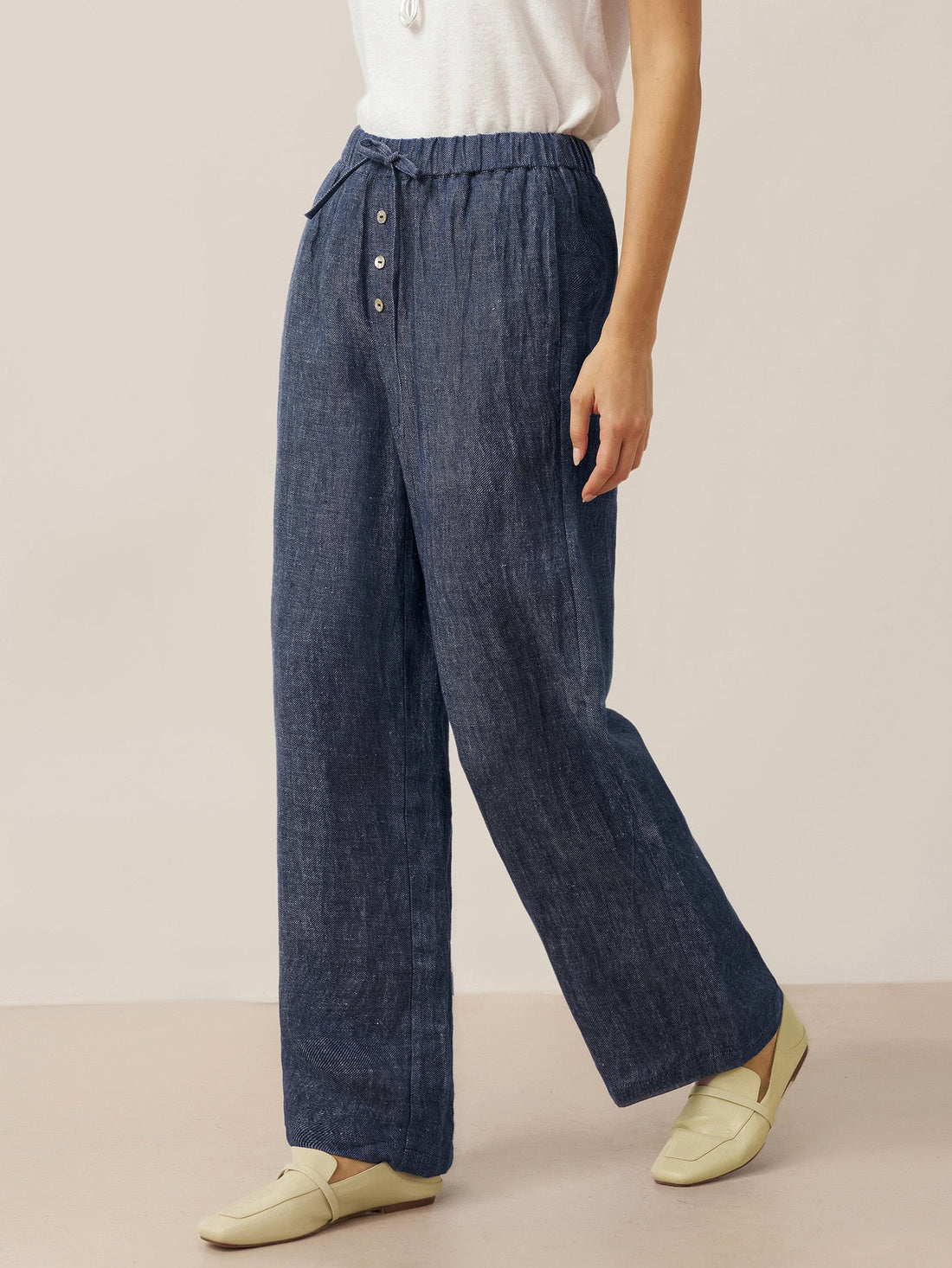 100% Linen Denim-Texture Elastic-Waist Straight-Leg Pants