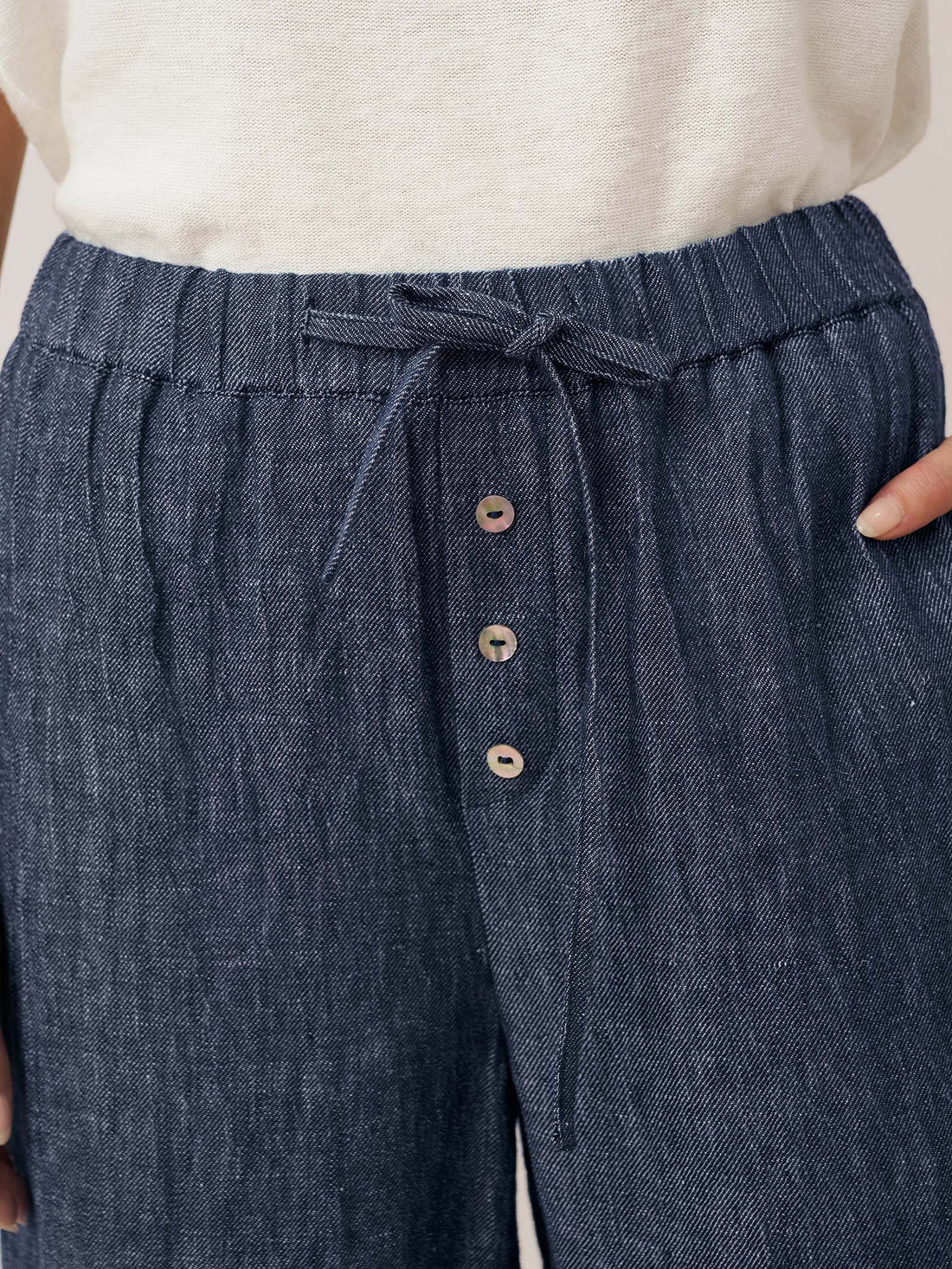 100% Linen Denim-Texture Elastic-Waist Straight-Leg Pants