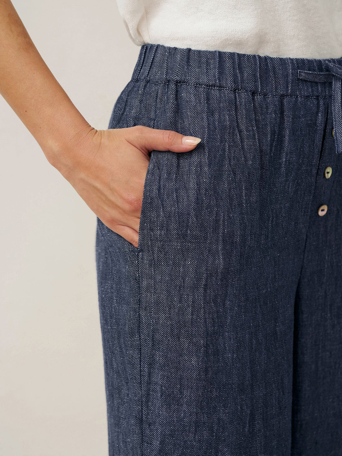 100% Linen Denim-Texture Elastic-Waist Straight-Leg Pants