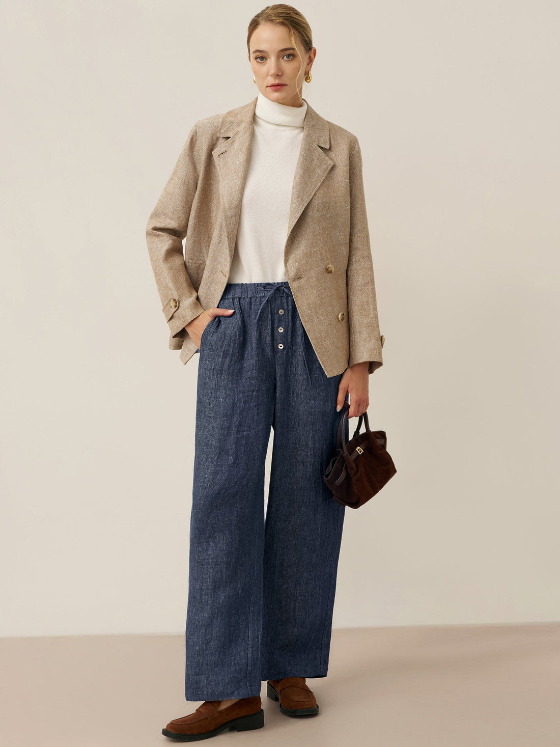 100% Linen Denim-Texture Elastic-Waist Straight-Leg Pants