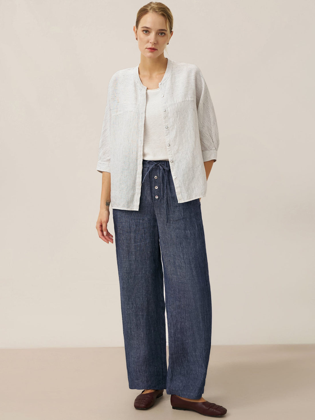 100% Linen Denim-Texture Elastic-Waist Straight-Leg Pants
