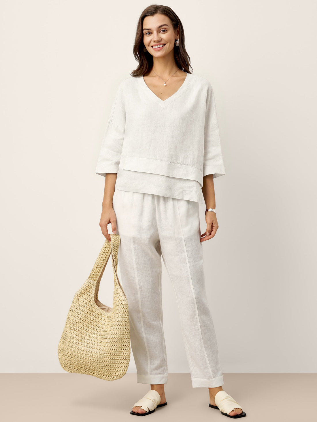 Linen Asymmetric V-Neck Half-Sleeve Shirt