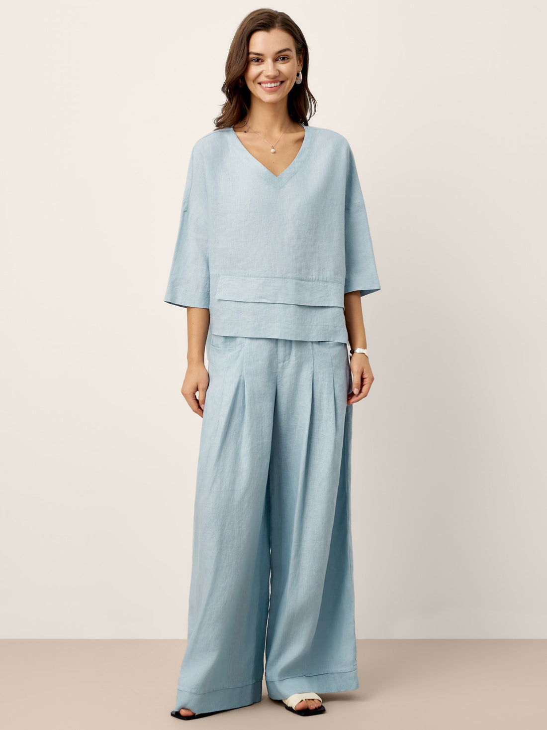 Linen Asymmetric V-Neck Half-Sleeve Shirt