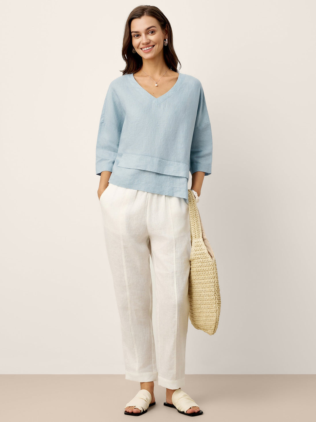 Linen Asymmetric V-Neck Half-Sleeve Shirt
