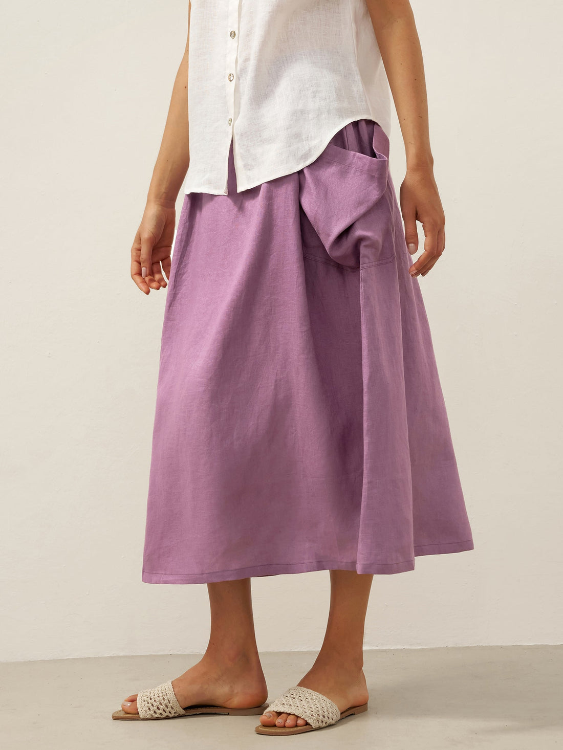 75% Linen A-Line Midi Skirt with Patch Pockets
