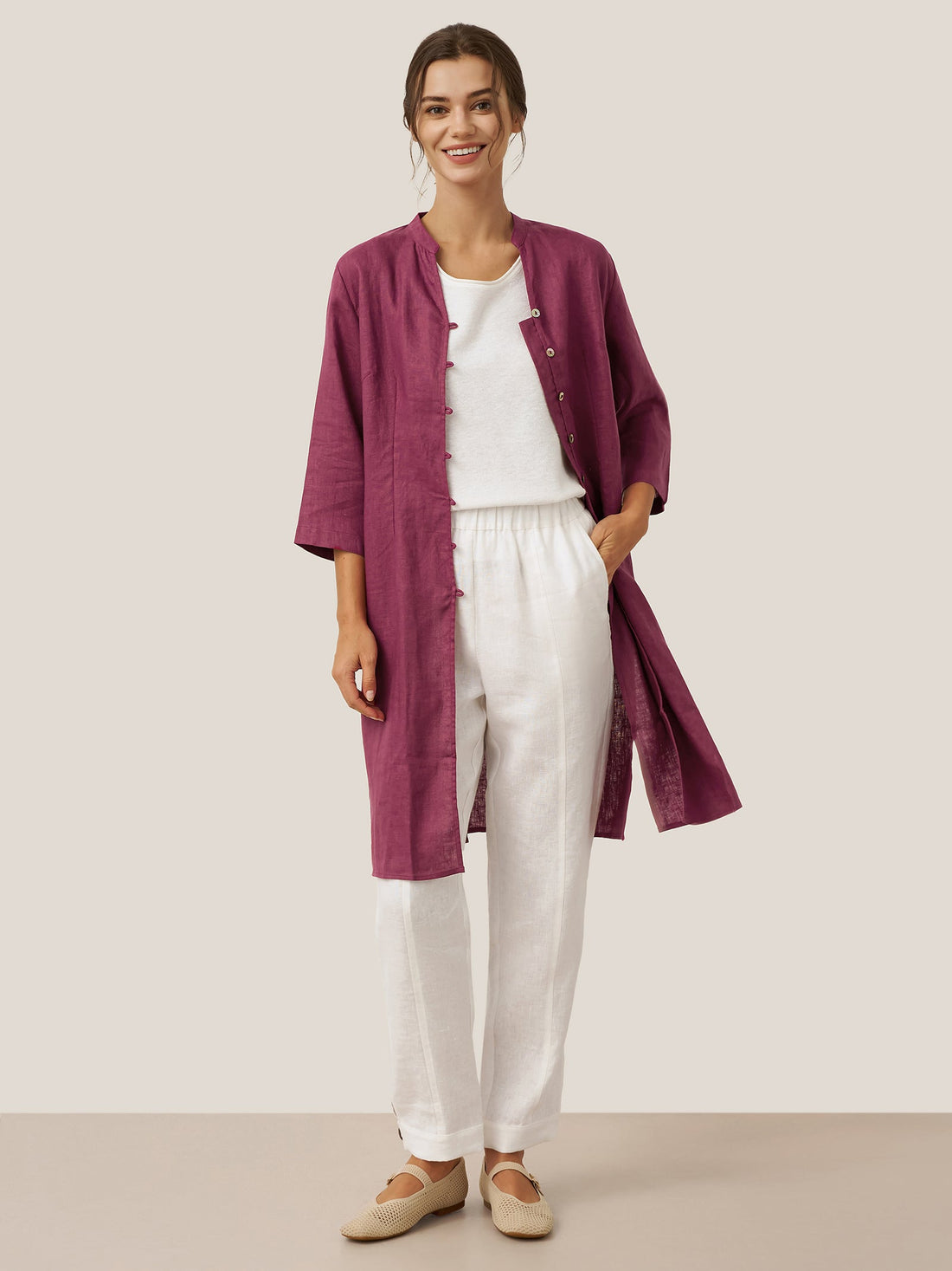 Linen Heavyweight V-Neck Stand Collar Shirt
