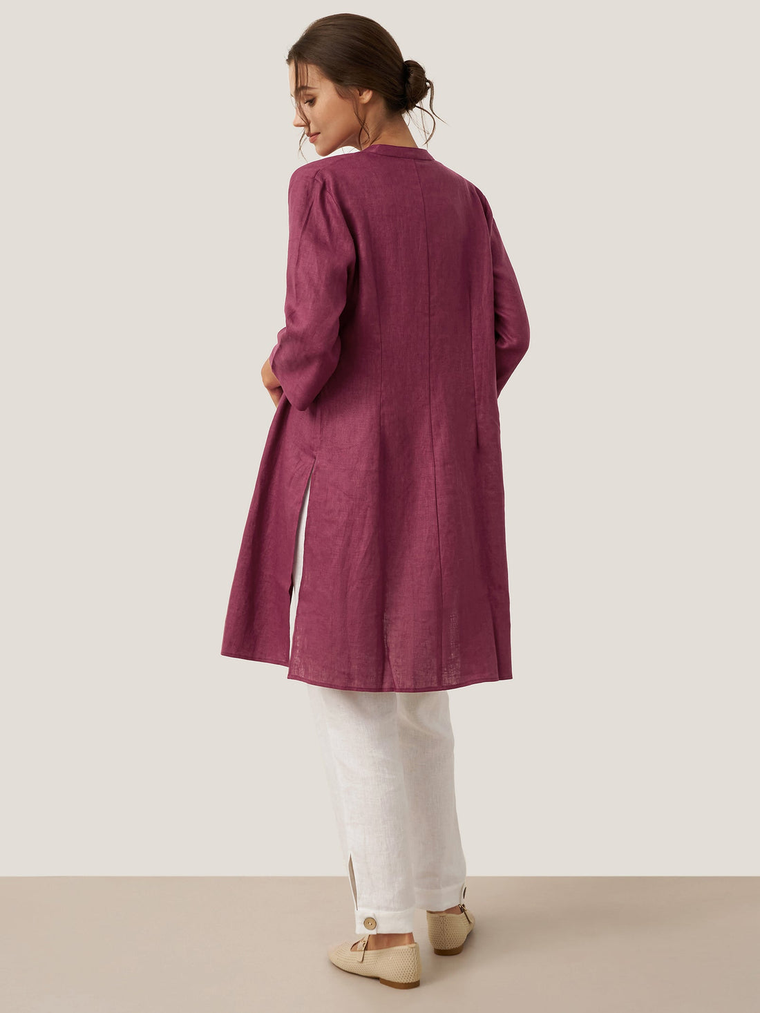 Linen Heavyweight V-Neck Stand Collar Shirt