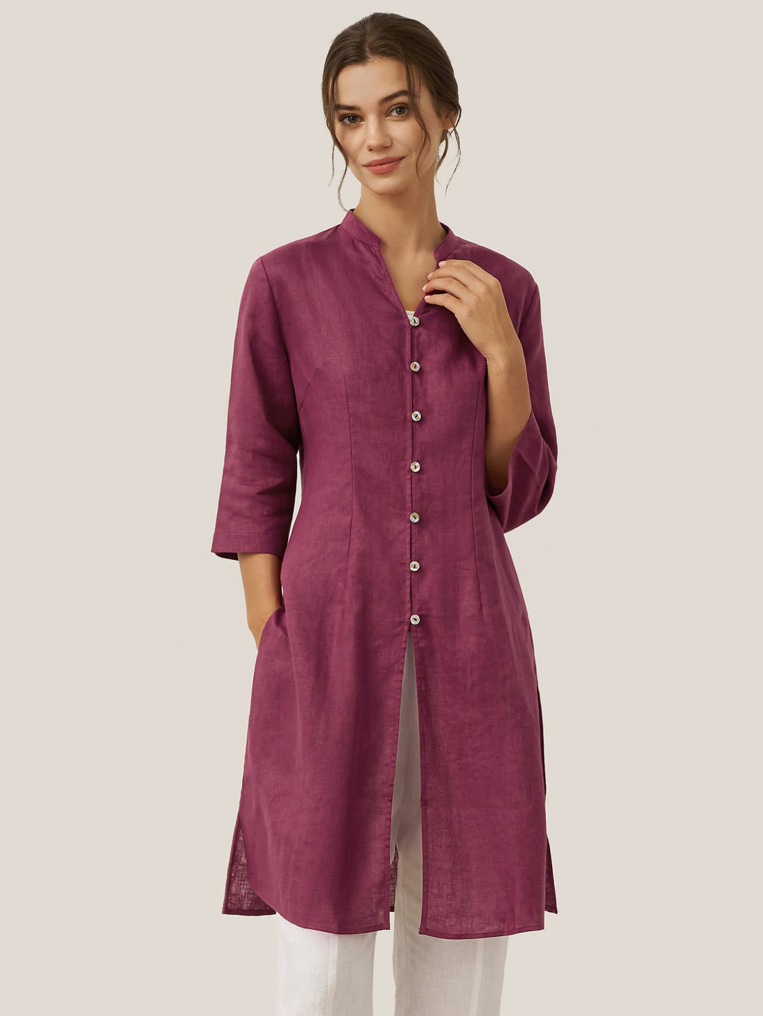 Linen Heavyweight V-Neck Stand Collar Shirt