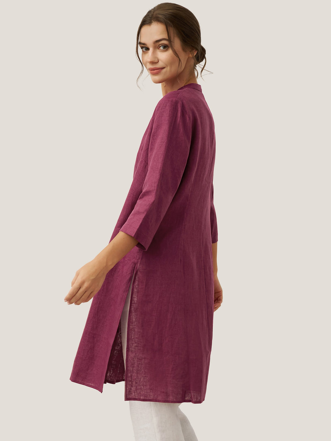 Linen Heavyweight V-Neck Stand Collar Shirt