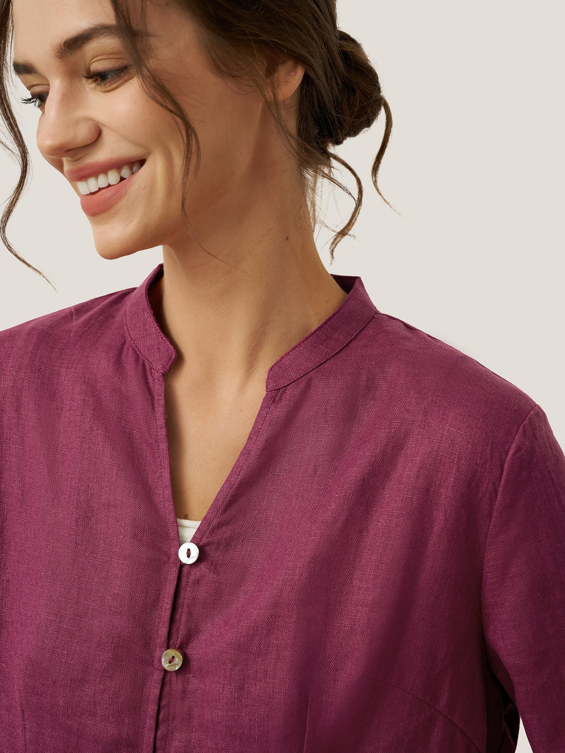 Linen Heavyweight V-Neck Stand Collar Shirt