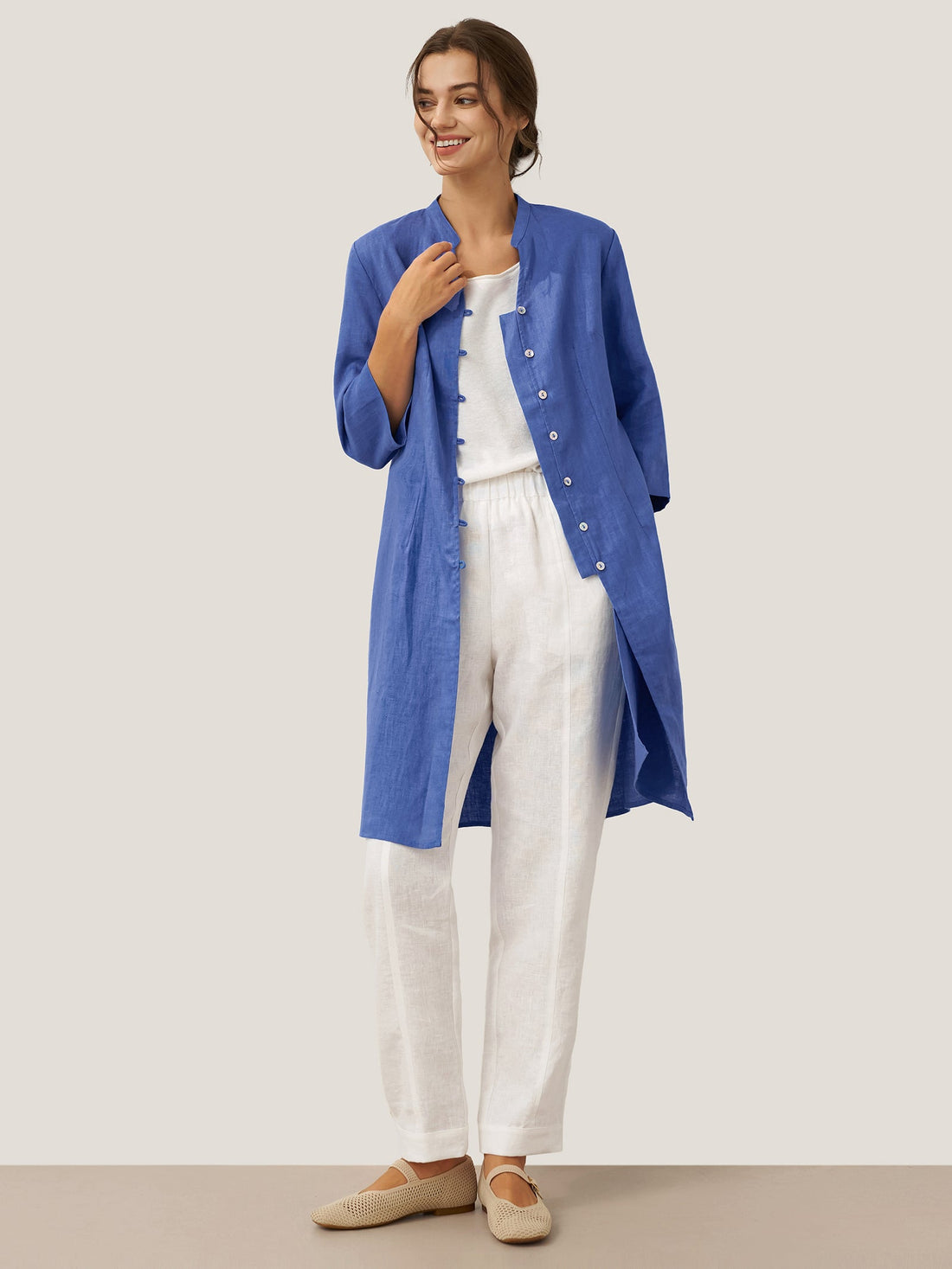Linen Heavyweight V-Neck Stand Collar Shirt