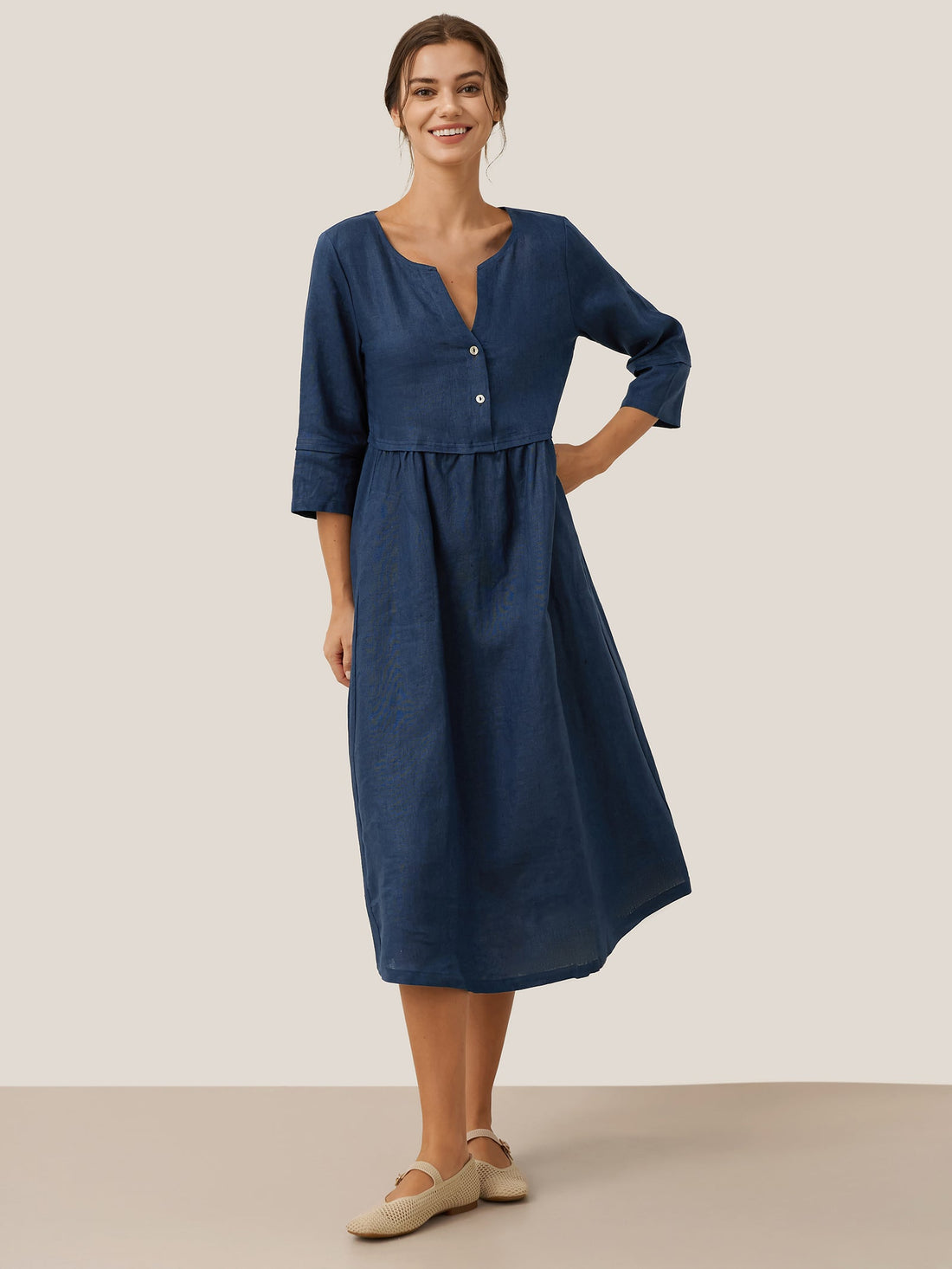 100% Linen Button-Waist Gathered V-Neck Midi Dress