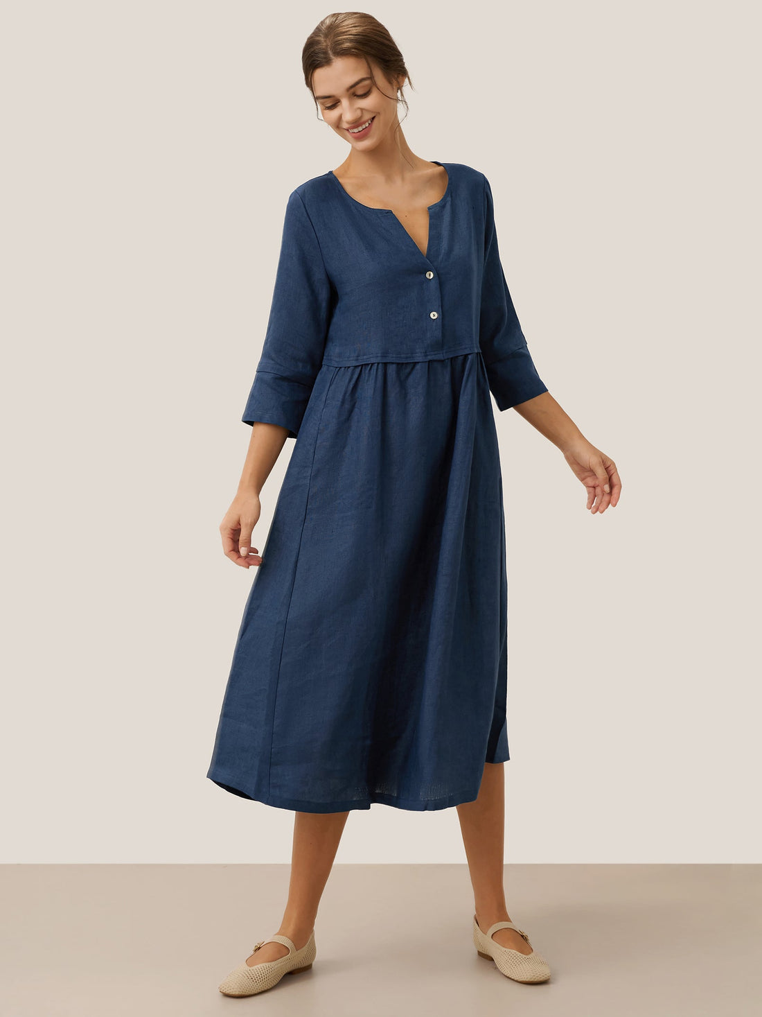 100% Linen Button-Waist Gathered V-Neck Midi Dress