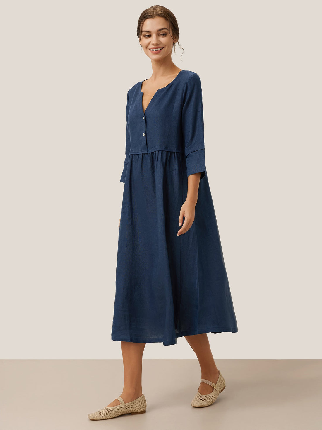 100% Linen Button-Waist Gathered V-Neck Midi Dress