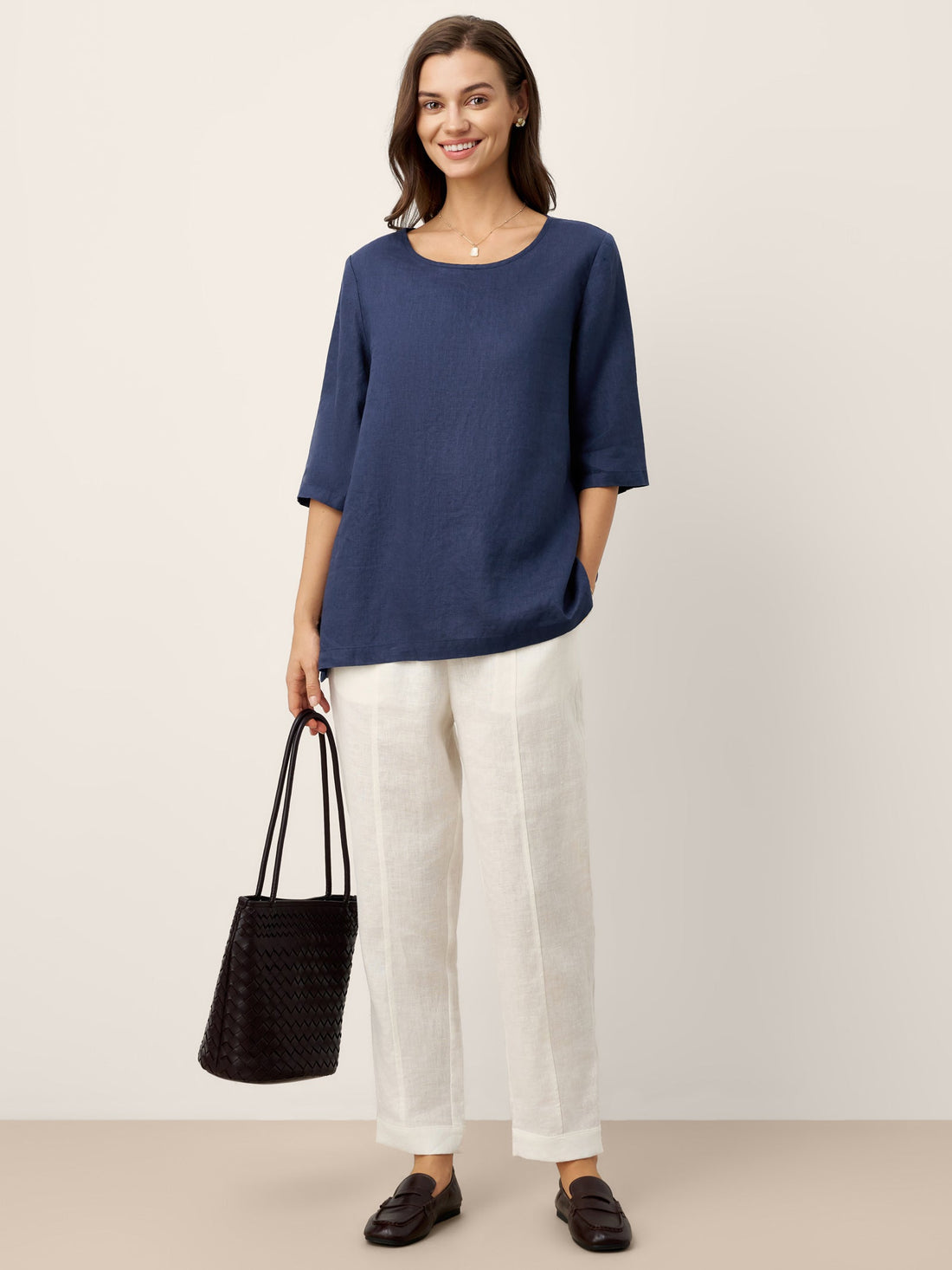 100% Linen Round Neck Button-Back Blouse