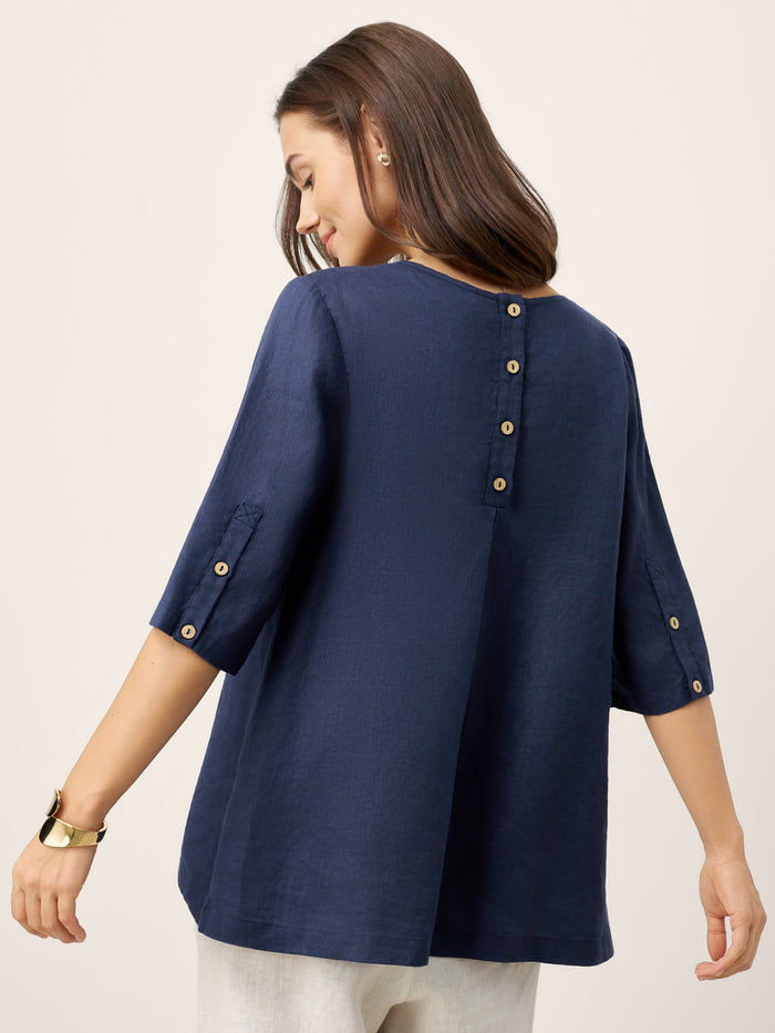 100% Linen Round Neck Button-Back Blouse