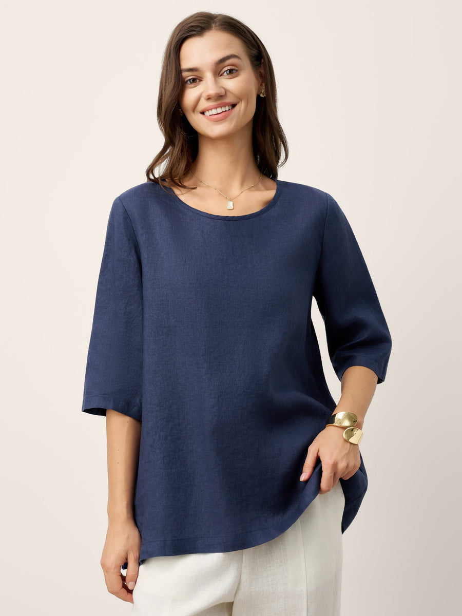 100% Linen Round Neck Button-Back Blouse