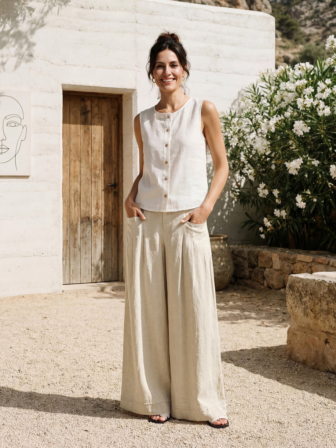 Linen Wide-Leg Pants with Welt Pockets