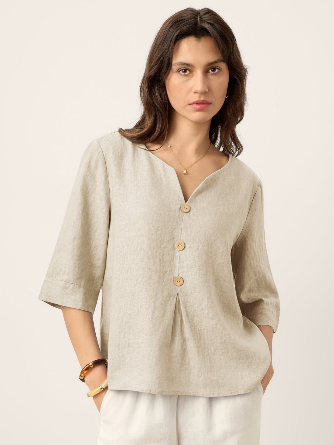 100% Linen Relaxed-Fit Button Detail Blouse