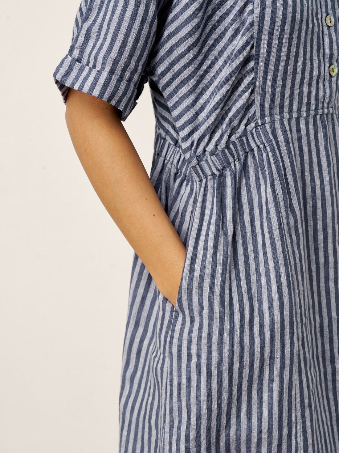 100% Linen Tailored Button-Front Midi Dress