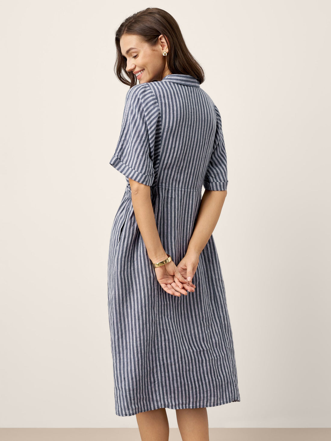 100% Linen Tailored Button-Front Midi Dress