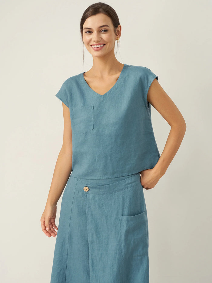 100% Linen V-Neck Cap Sleeve Shirt