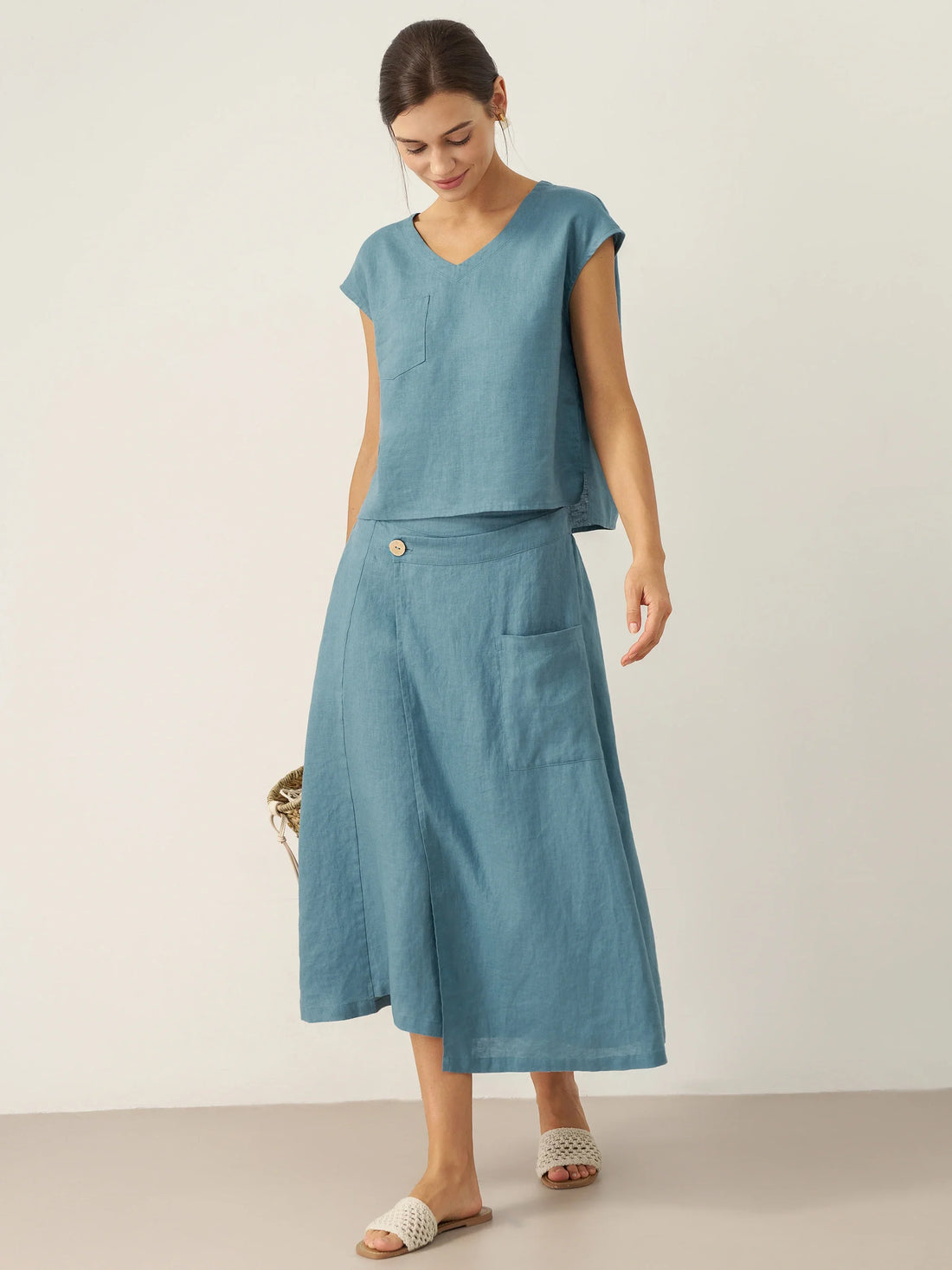 100% Linen V-Neck Cap Sleeve Shirt