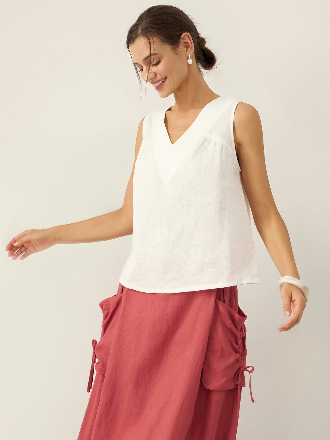 100% Linen Ruched V-Neck Tank Top